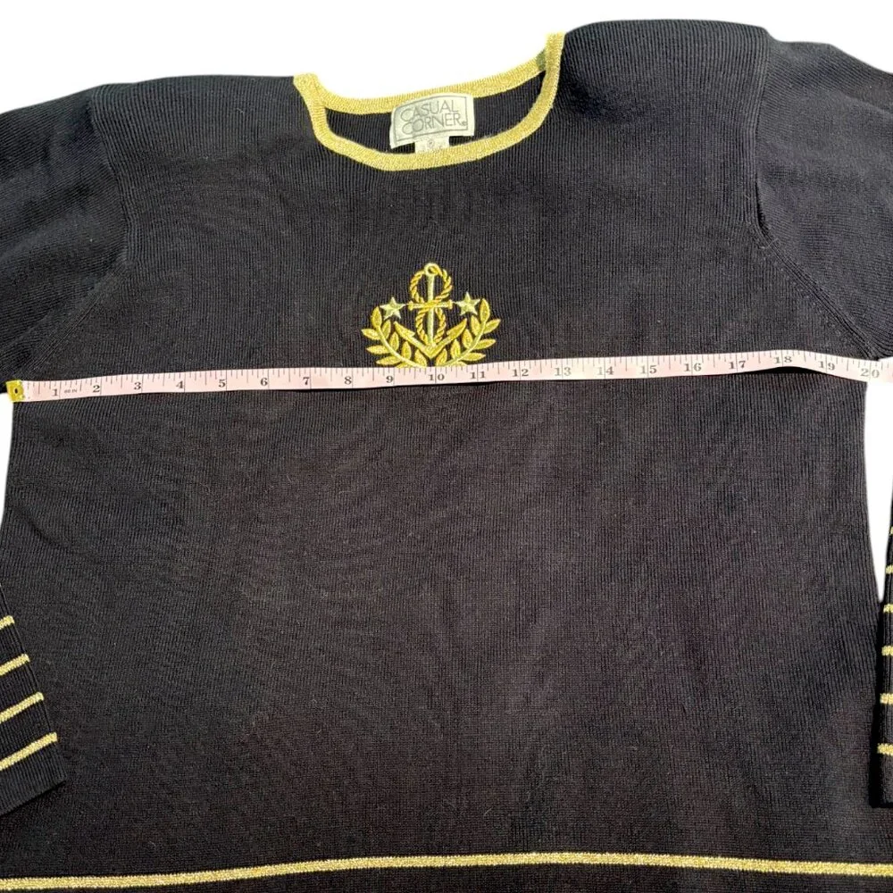 Casual Corner Vintage Nautical Anchor Crest Sweater Black Gold Metallic Womens M